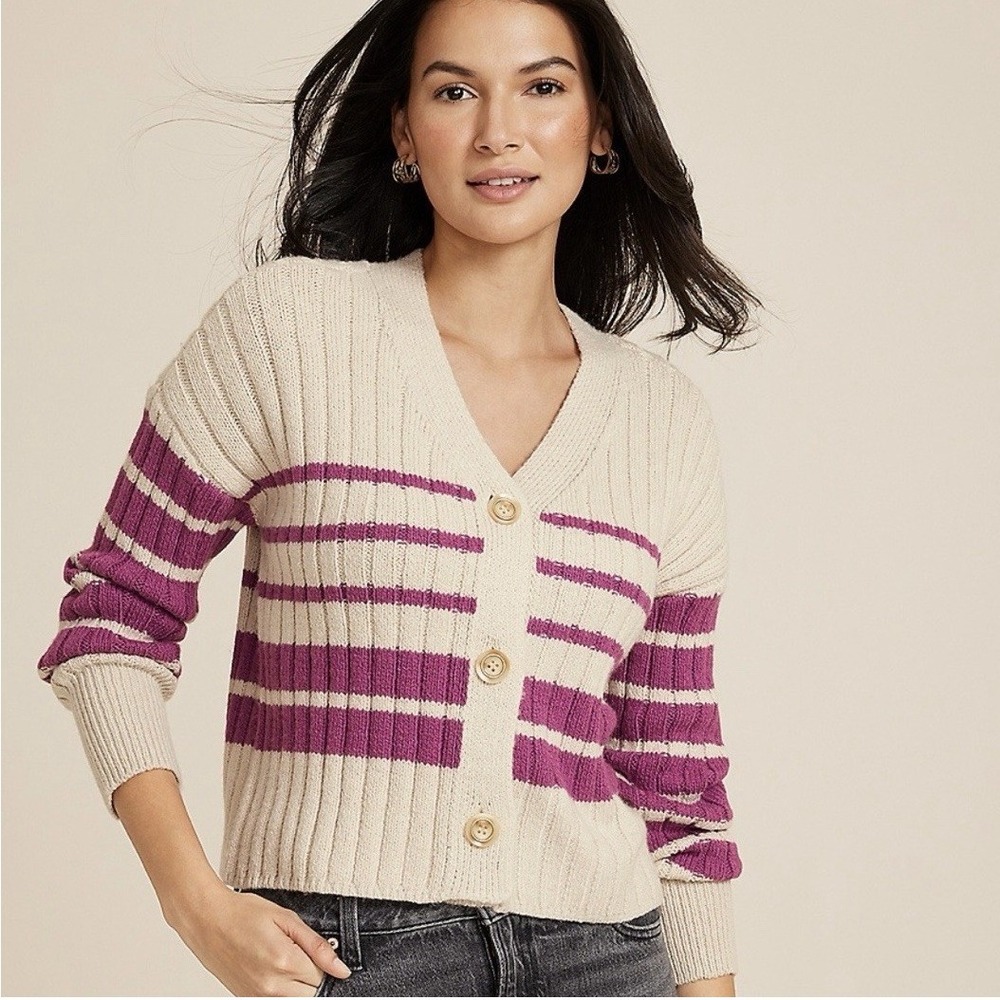 NWT Cardigan Sweater Striped V Neck Button Front Knit Top Size M